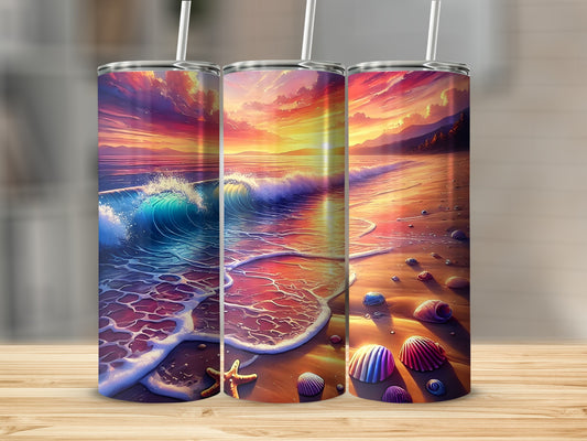 Beach sunset scene with waves, shells, and starfish on three tumblers.