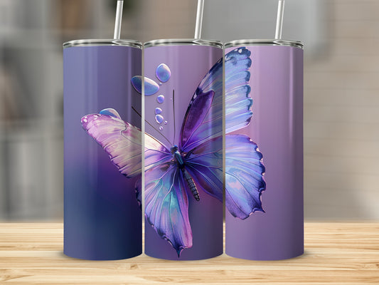 Purple tumbler with iridescent butterfly design and water droplets.