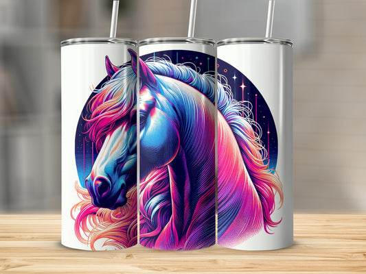 Rainbow horse head with flowing mane on a white tumbler.
