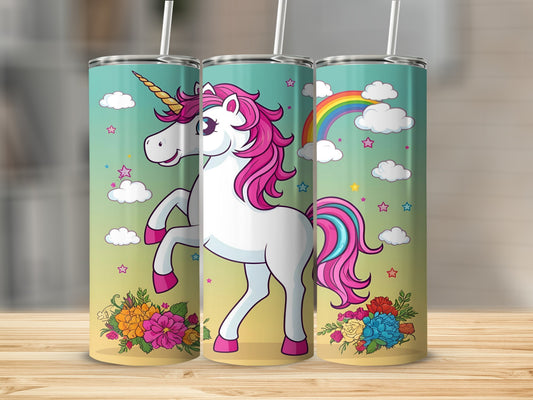 White unicorn with pink mane and tail, rainbow, and flowers.