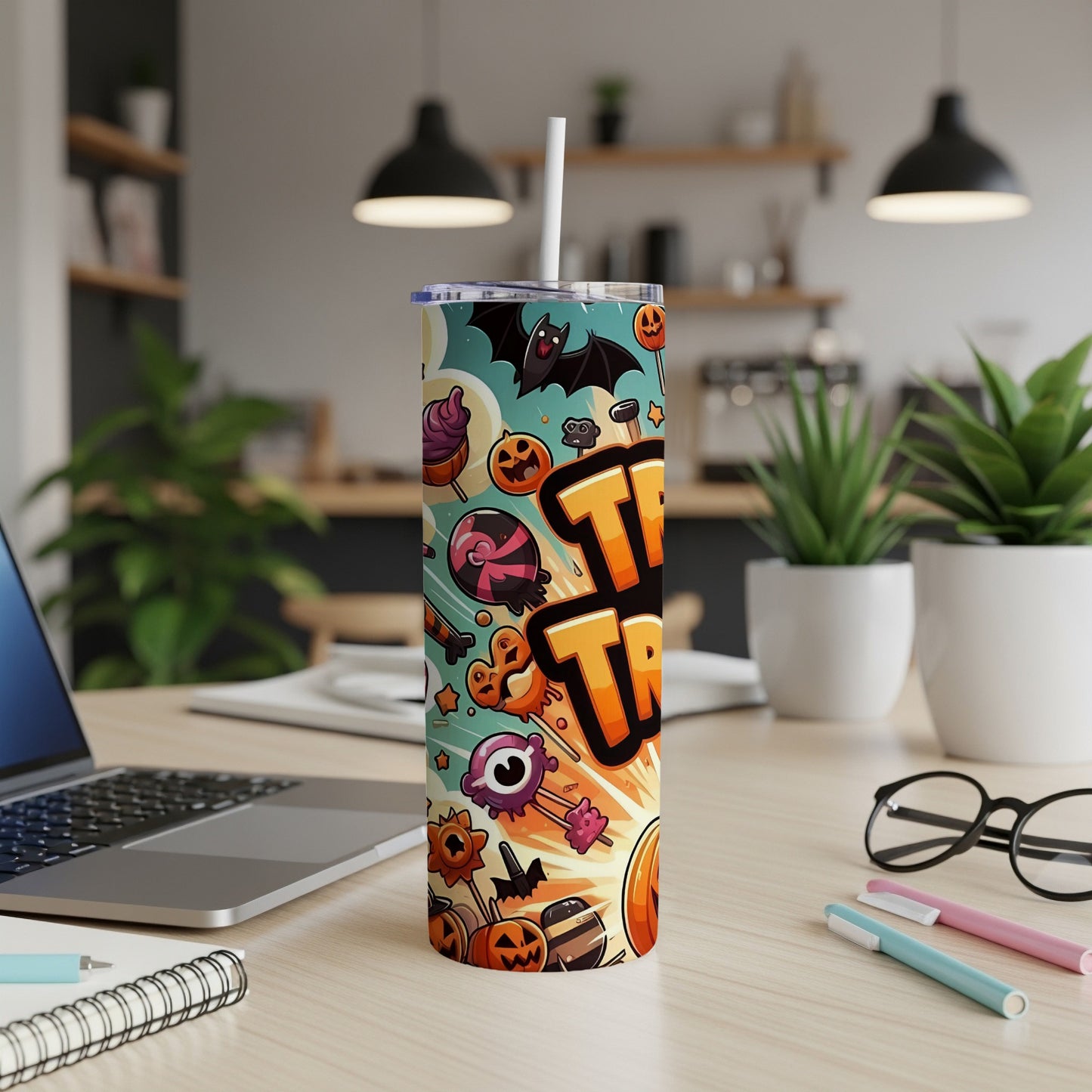 Halloween tumbler with "Trick or Treat" text and cartoon holiday graphics.