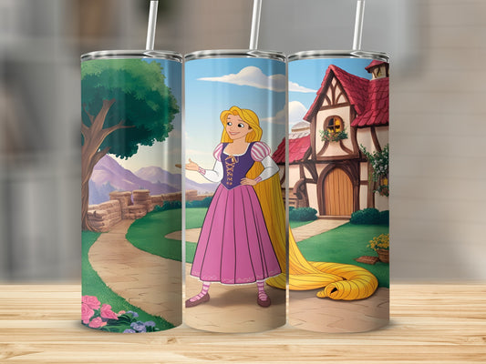 Rapunzel stands in front of her tower with long blonde hair.