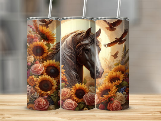 Horse head in sunflowers and roses with birds, on a cylindrical tumbler.