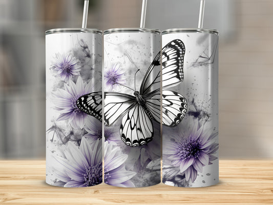 Three tumblers with a black and white butterfly and purple flowers.