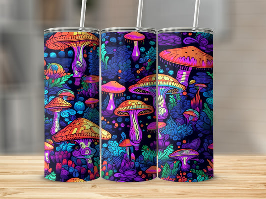 Three tumblers with psychedelic mushroom and floral patterns.