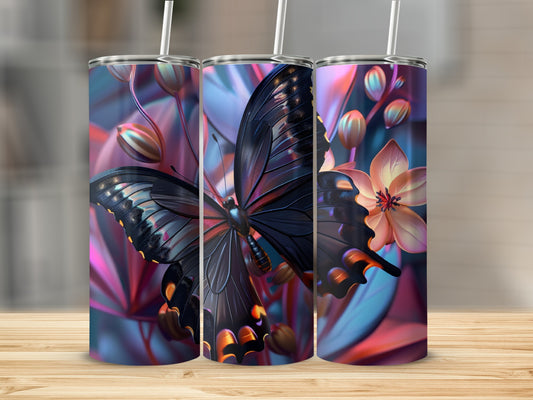 Three tumblers with a dark butterfly and pink floral design.