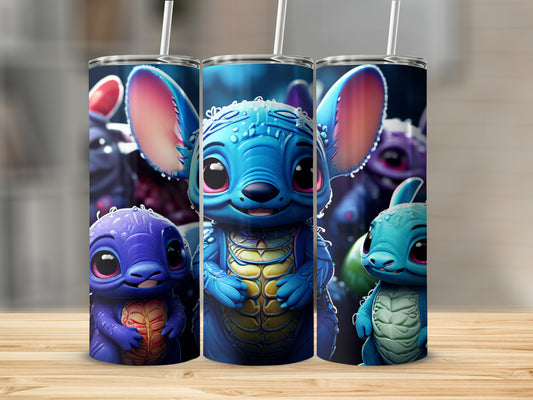 Three blue Stitch characters in varying sizes against a blurred blue background.