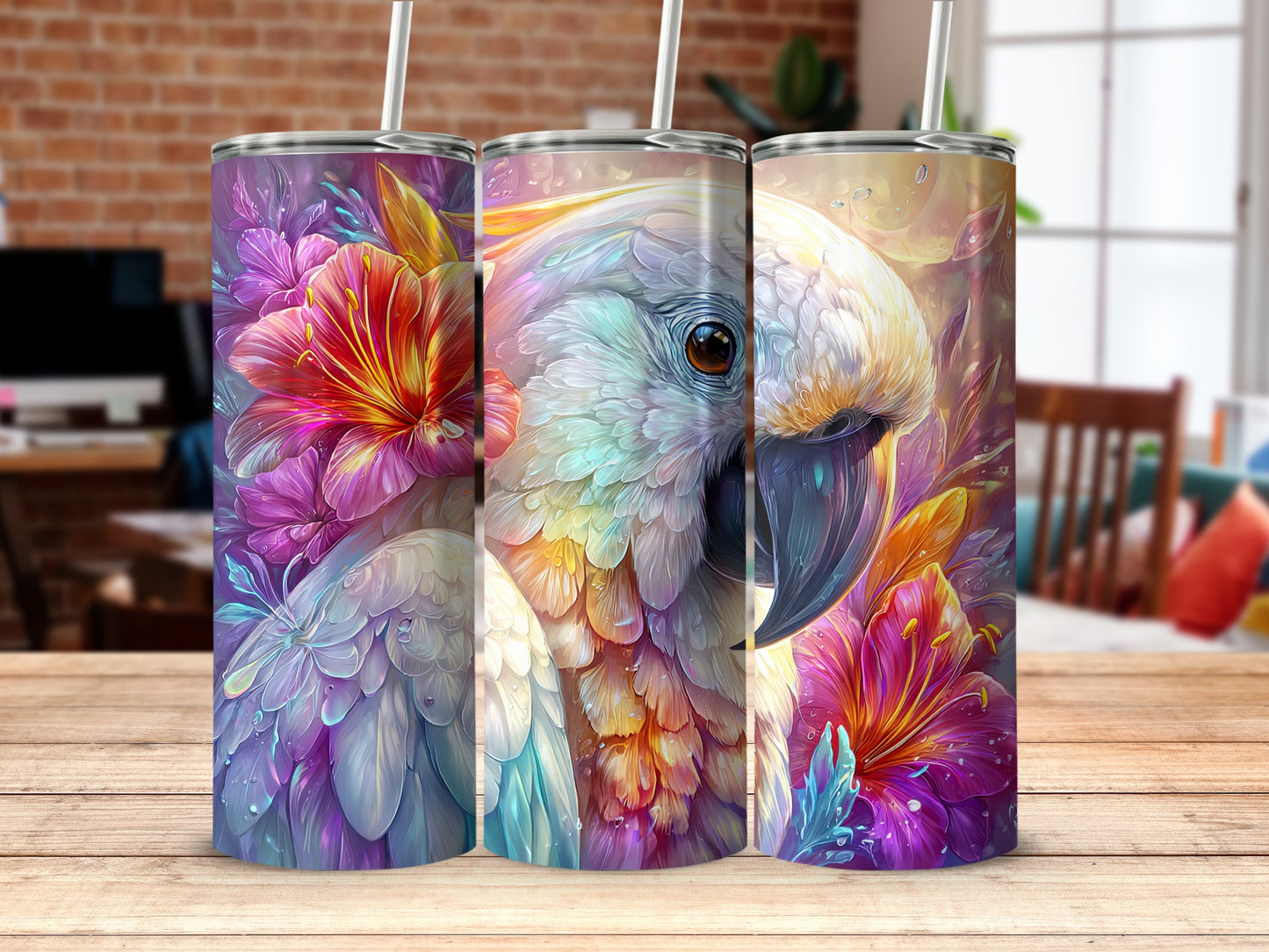 Vibrant and Colorful Parrot Design Travel Tumbler