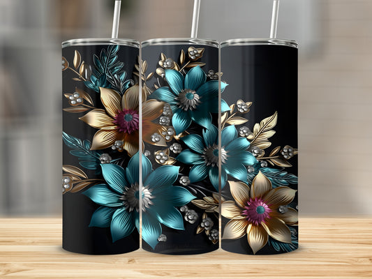 Three tumblers with floral designs featuring teal, gold, and pink flowers.
