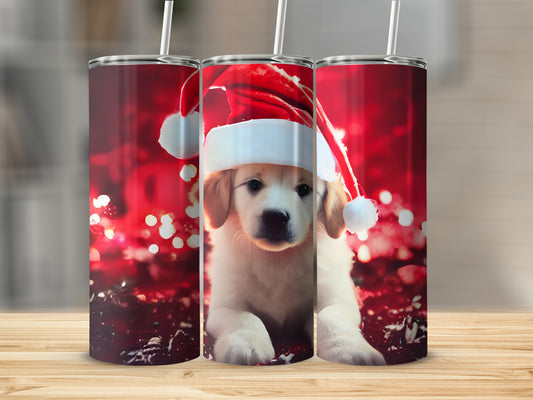 Golden retriever puppy wearing a Santa hat, with festive bokeh lights.