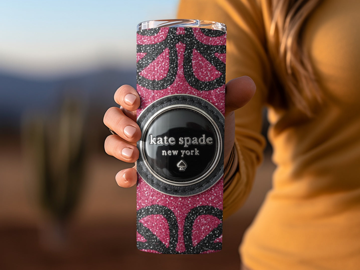 Inspired By Fabulous Kate Spade Logo Floral Glitter Hot Pink Black Tumblers