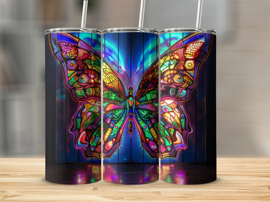 Three tumblers with stained-glass butterfly designs.