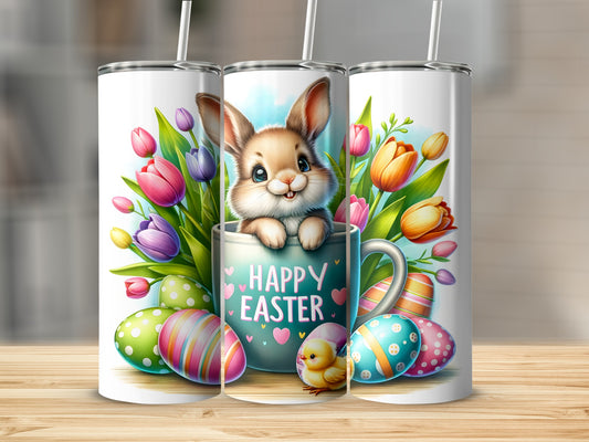 Easter bunny peeking from a mug surrounded by colorful eggs and tulips.