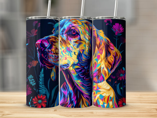 Colorful abstract dog portrait with floral accents on a black tumbler.