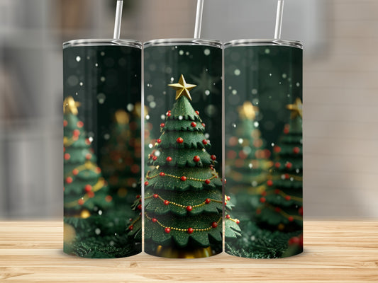Three festive Christmas trees with gold garland and stars, blurred background.