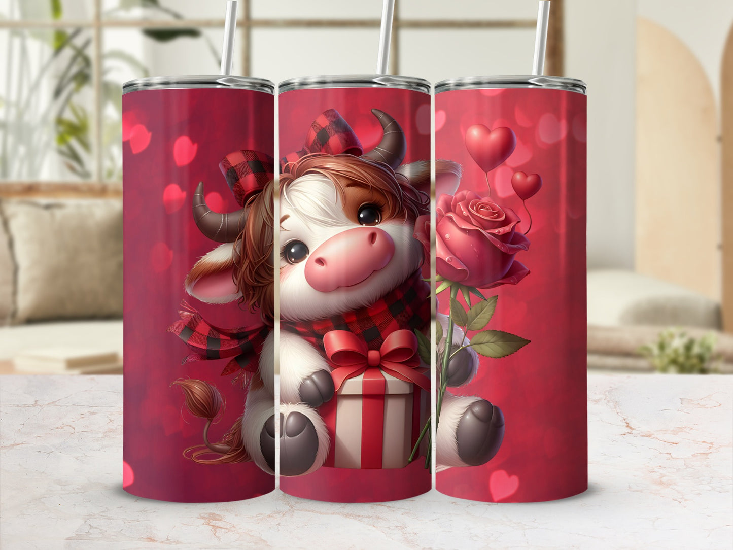 Cute Valentine Cow with Hearts and Roses Design Tumbler
