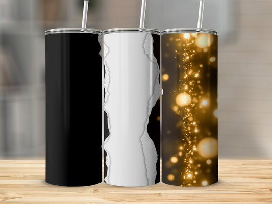 Three tumblers with different designs: black, torn paper, and bokeh lights.