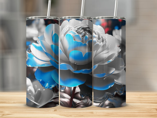 Three tumblers with a close-up of a blue and white flower.