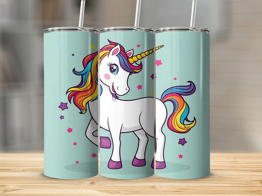 White unicorn with rainbow mane and tail on light blue background.