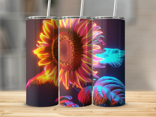 Three tumblers featuring a glowing neon sunflower design on a dark background.