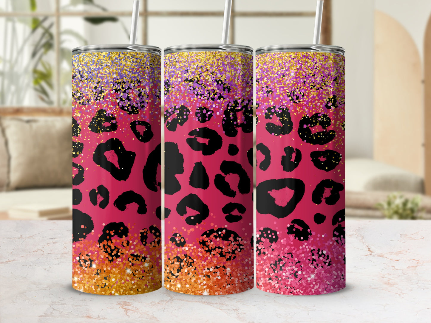 Glitter Leopard Print Tumbler with Straw Beverage Holder