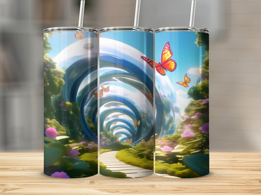 Three tumblers display a vibrant, surreal garden path with butterflies.