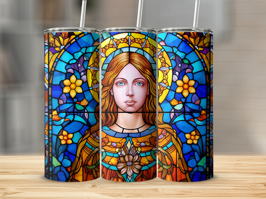 Three tumblers featuring a stained glass portrait of a woman's face.