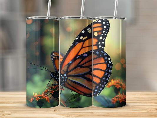 Monarch butterfly on orange flowers, detail on tumbler.