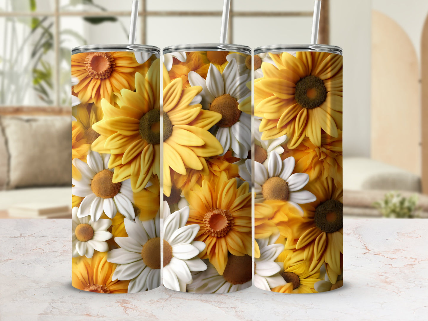 Vibrant Sunflower and Daisy Design Stainless Steel Tumbler