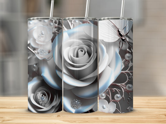 Triptych of 30oz tumblers with white roses and pearl accents.