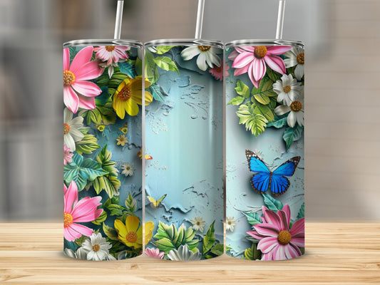 Three tumblers with floral designs and butterflies.