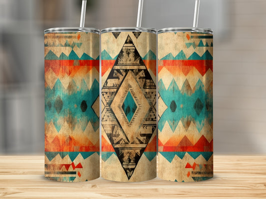 Three tumblers with a geometric Southwestern pattern on a wooden surface.