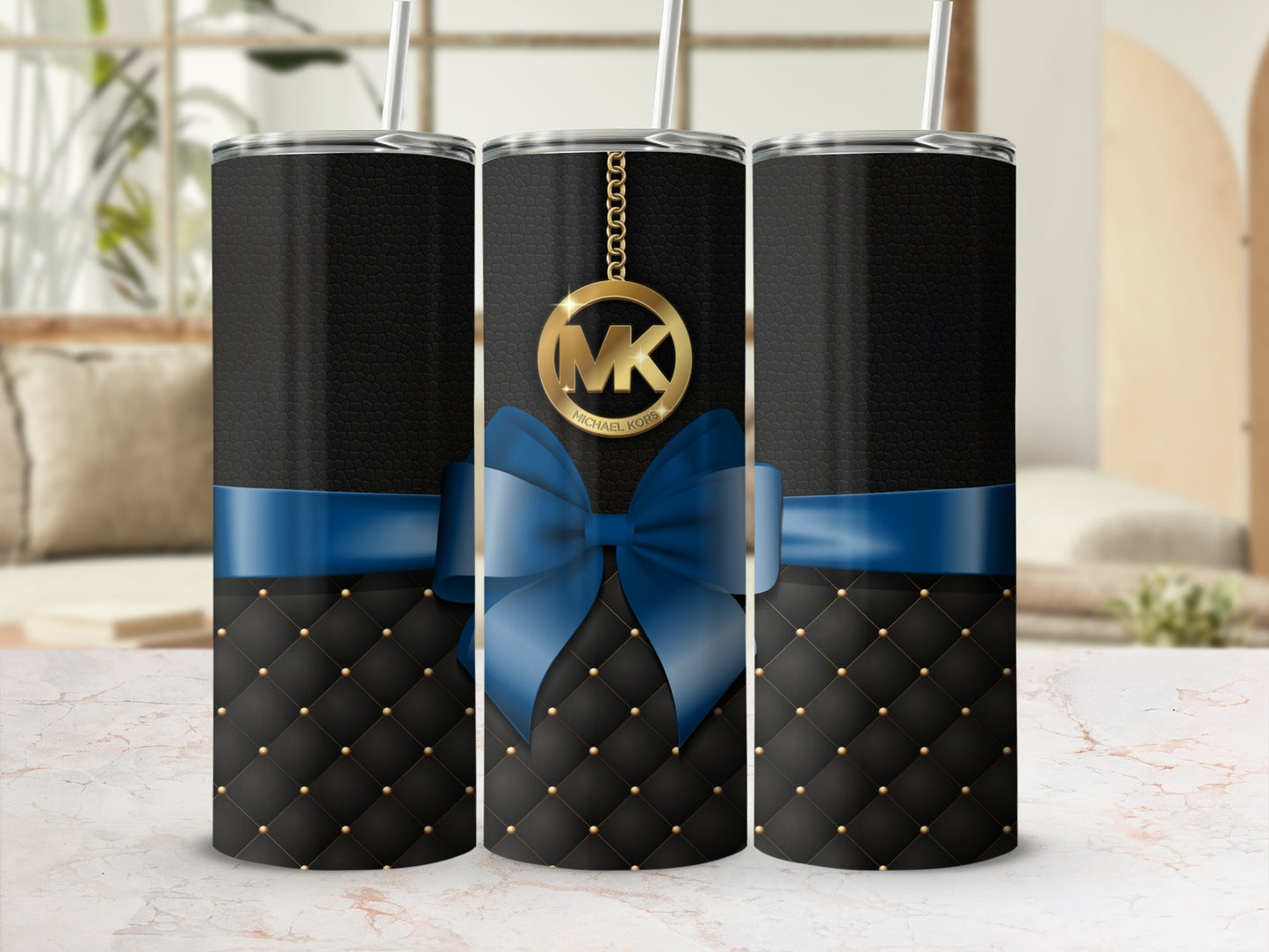 Luxury Monogram Black and Blue Bow Tumbler Cup