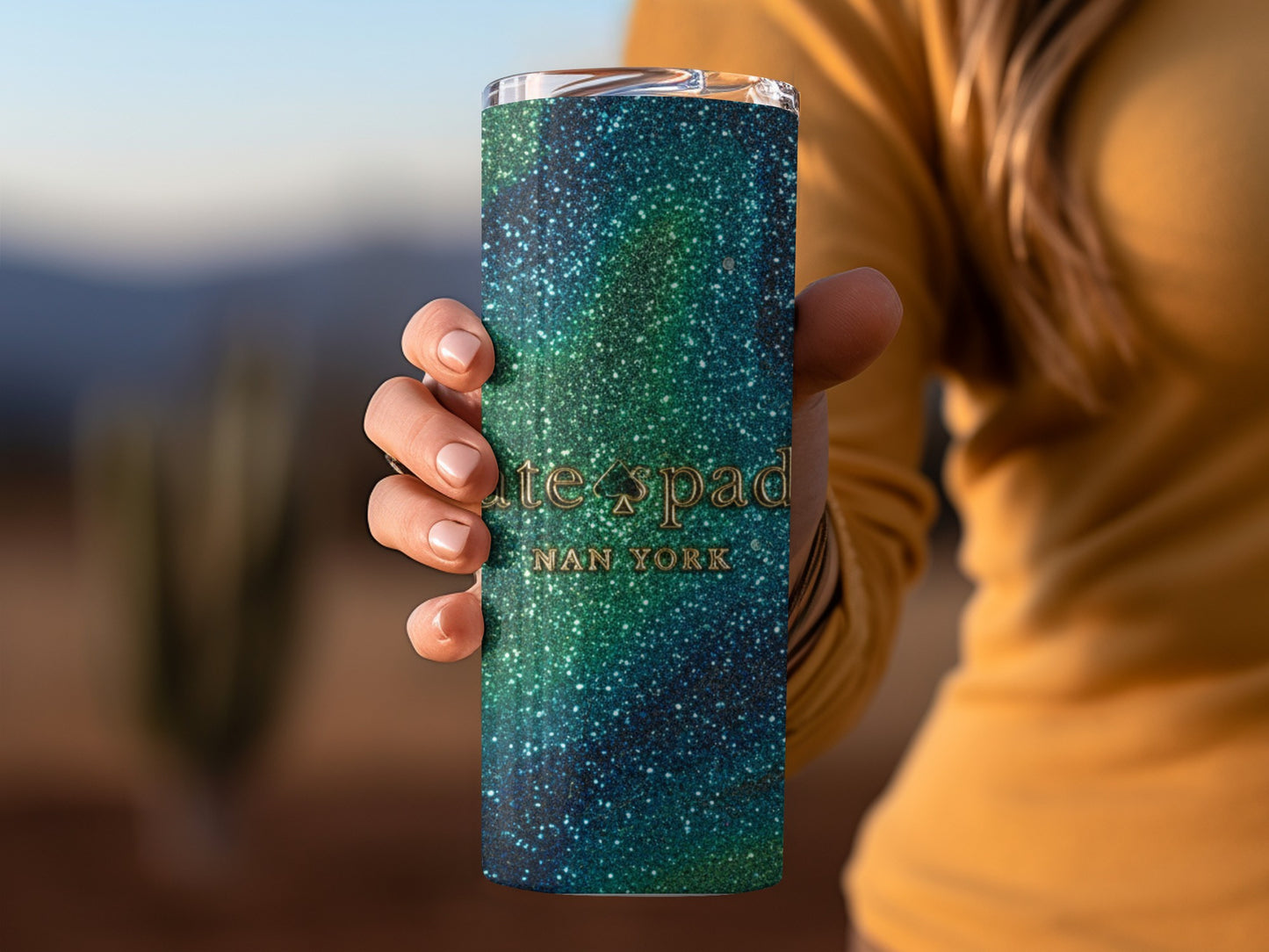Inspired By Fabulous Kate Spade New York Logo on Green to Blue Sparkle Tumblers