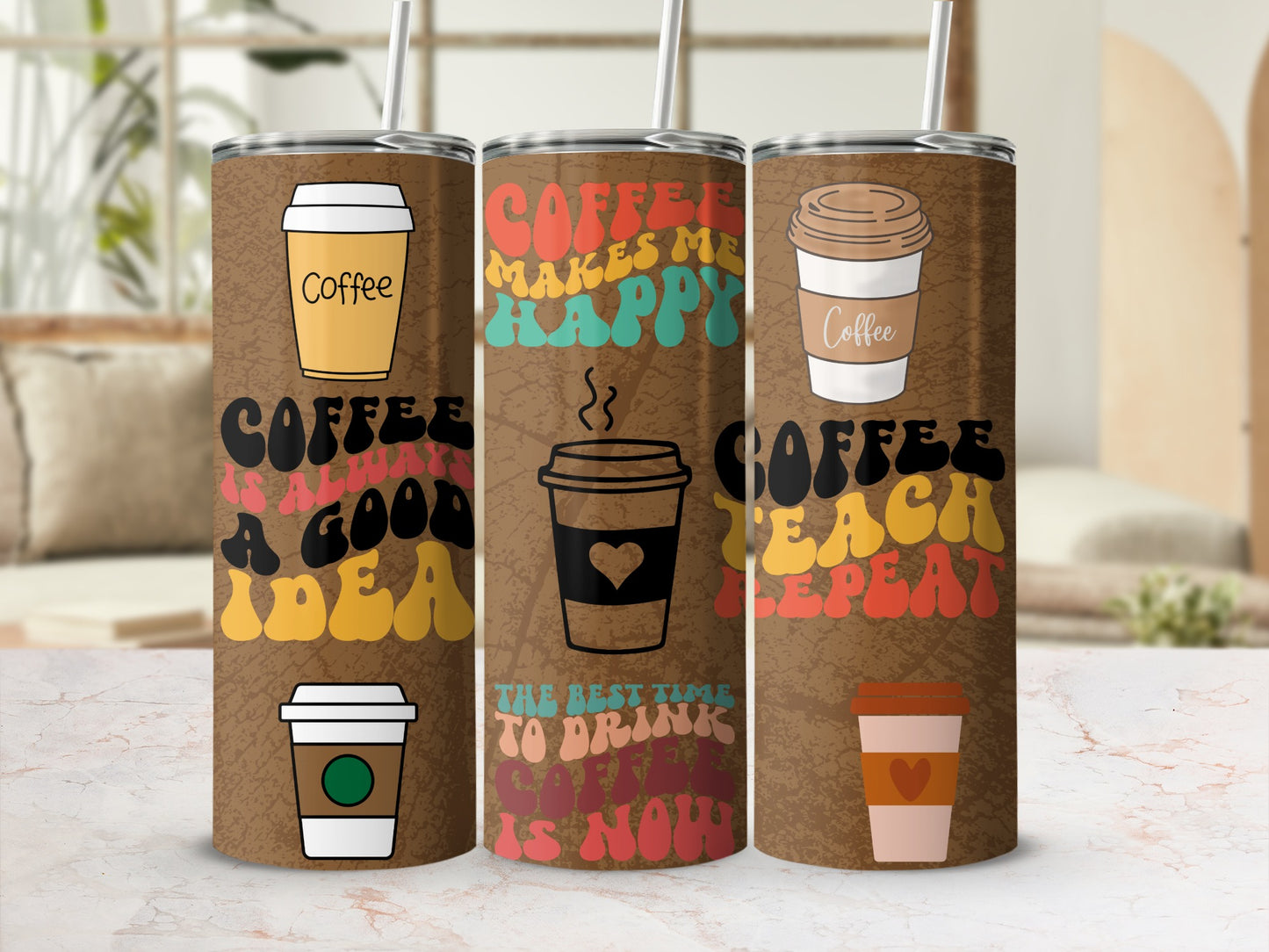 Coffee Themed Tumblers with Colorful Quotes