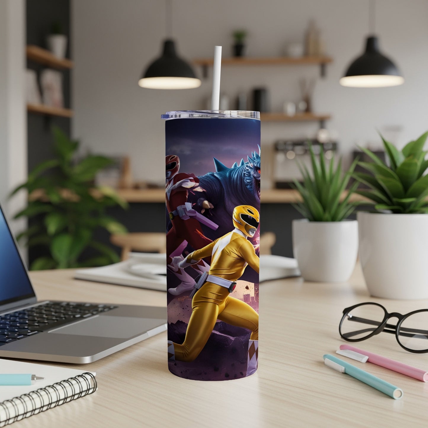 Yellow Ranger battling a monster on a purple background.