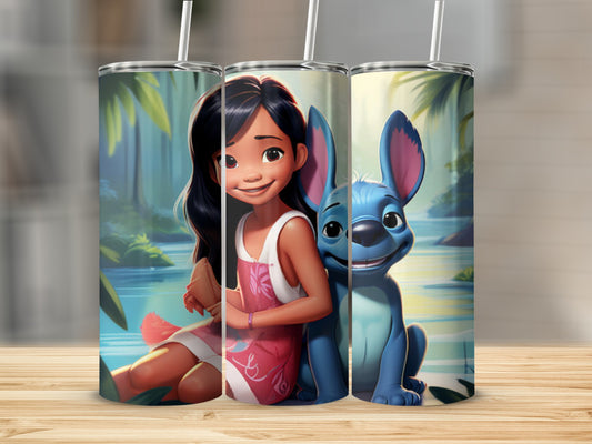 Lilo and Stitch characters on a cylindrical tumbler with a nature background.
