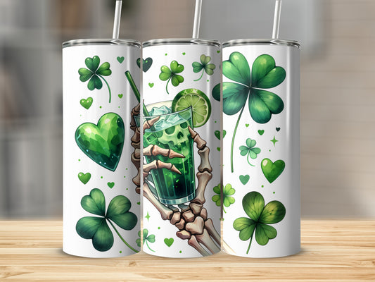 St. Patrick's Day tumbler with skeleton hand holding a green drink and shamrocks.
