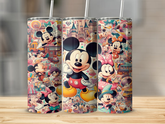 Mickey Mouse characters and Disney castle park scene wrap around three tumblers.