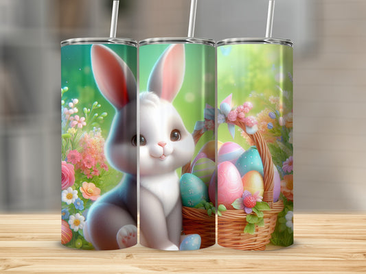 Easter bunny with basket of colorful eggs and flowers.