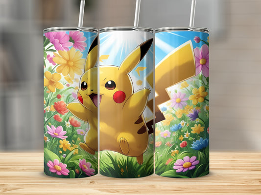 Pikachu running through a field of colorful flowers under a bright sky.