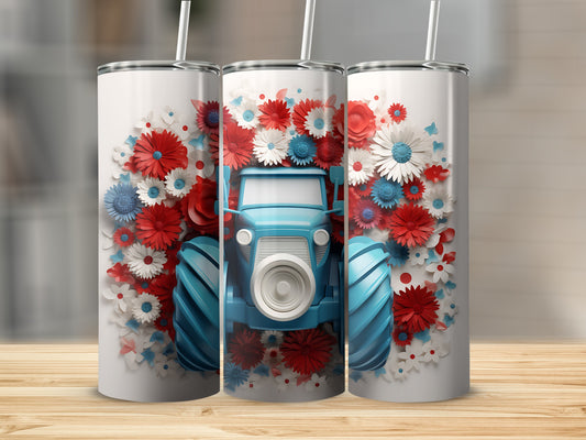 Blue tractor surrounded by red, white, and blue floral art on three tumblers.