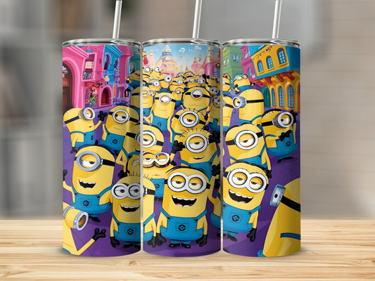 Minions group illustration on three patterned tumblers with straws.