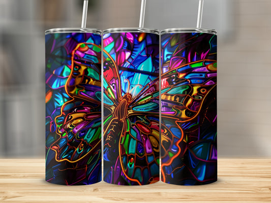 Stained glass butterfly pattern on three tumblers.