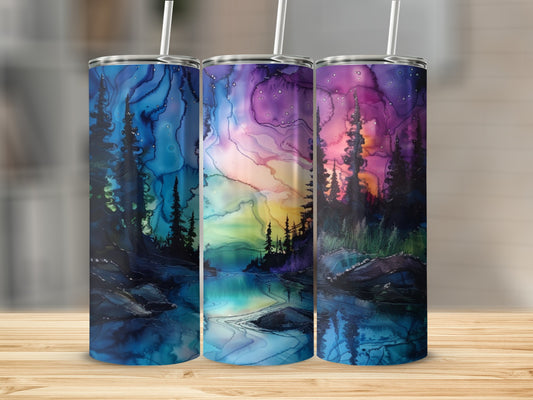 Three tumblers featuring colorful watercolor landscapes of forests and skies.