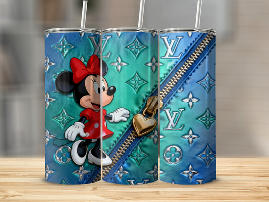 Minnie Mouse on teal and blue Louis Vuitton pattern tumbler with gold zipper and heart.