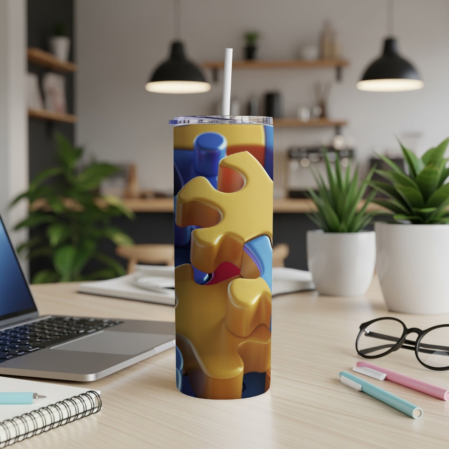 Yellow and blue puzzle pieces on a white tumbler with a straw.