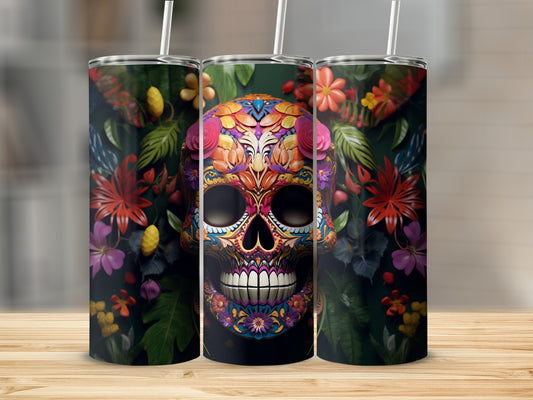 Floral skull tumbler with colorful Day of the Dead inspired design.