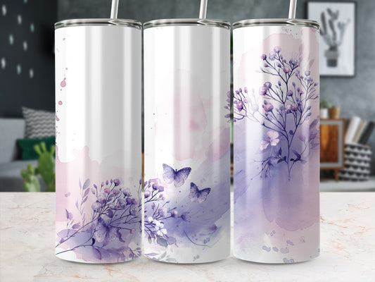 Three tumblers with purple floral and butterfly watercolor design.