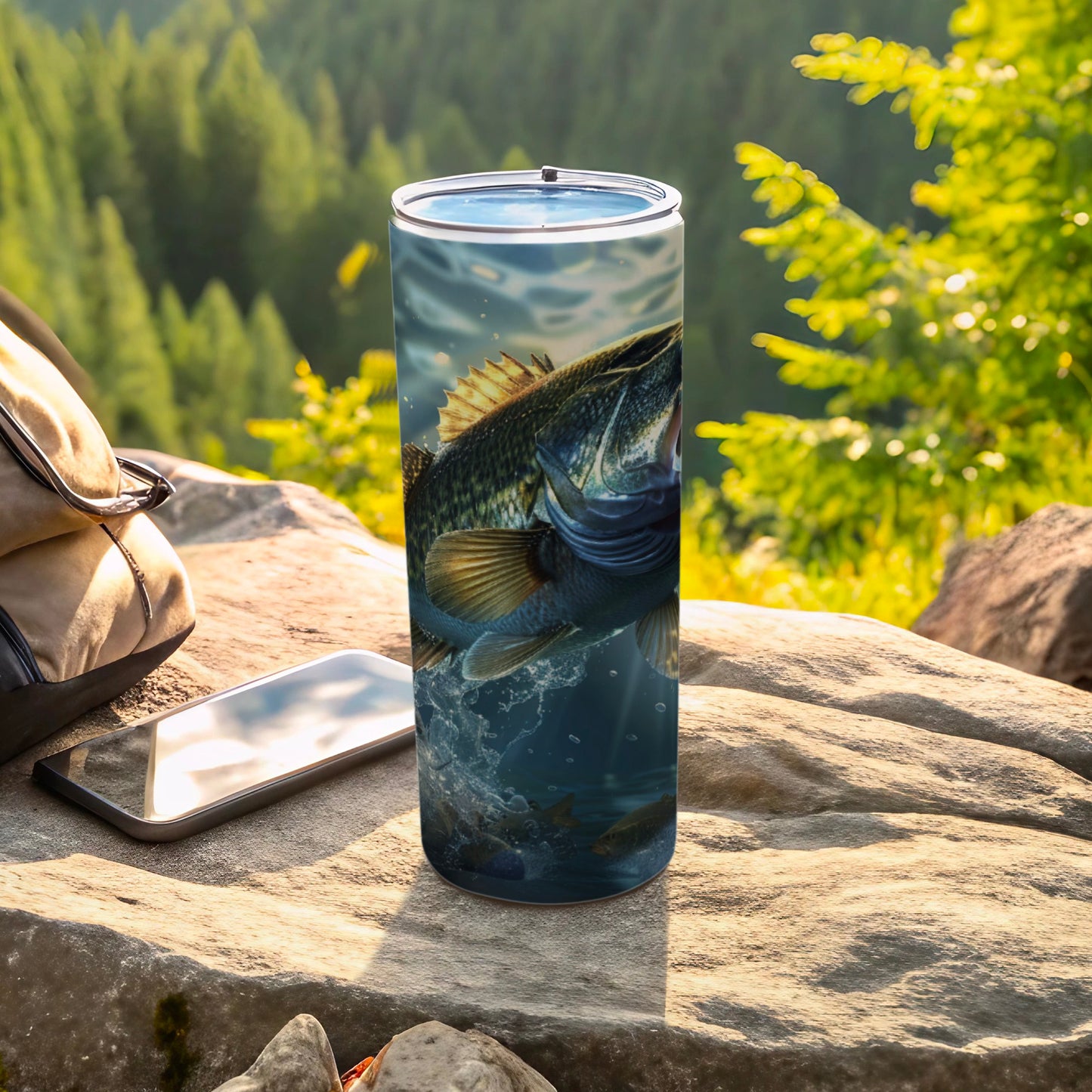 Bass jumping out of water on a tumbler with a backpack and phone.